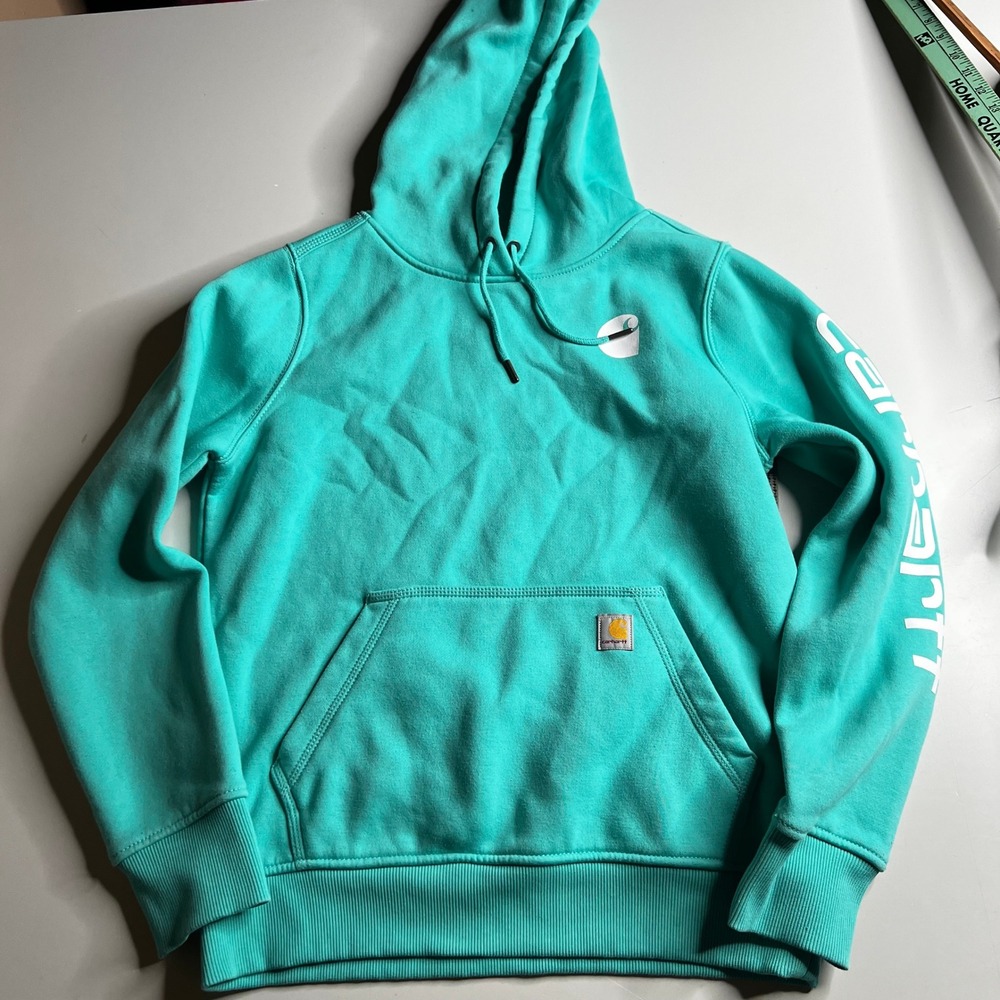 Carhartt Womens Relaxed Fit Graphic Sleeve Logo Hoodie Teal Turquoise Small 4-6